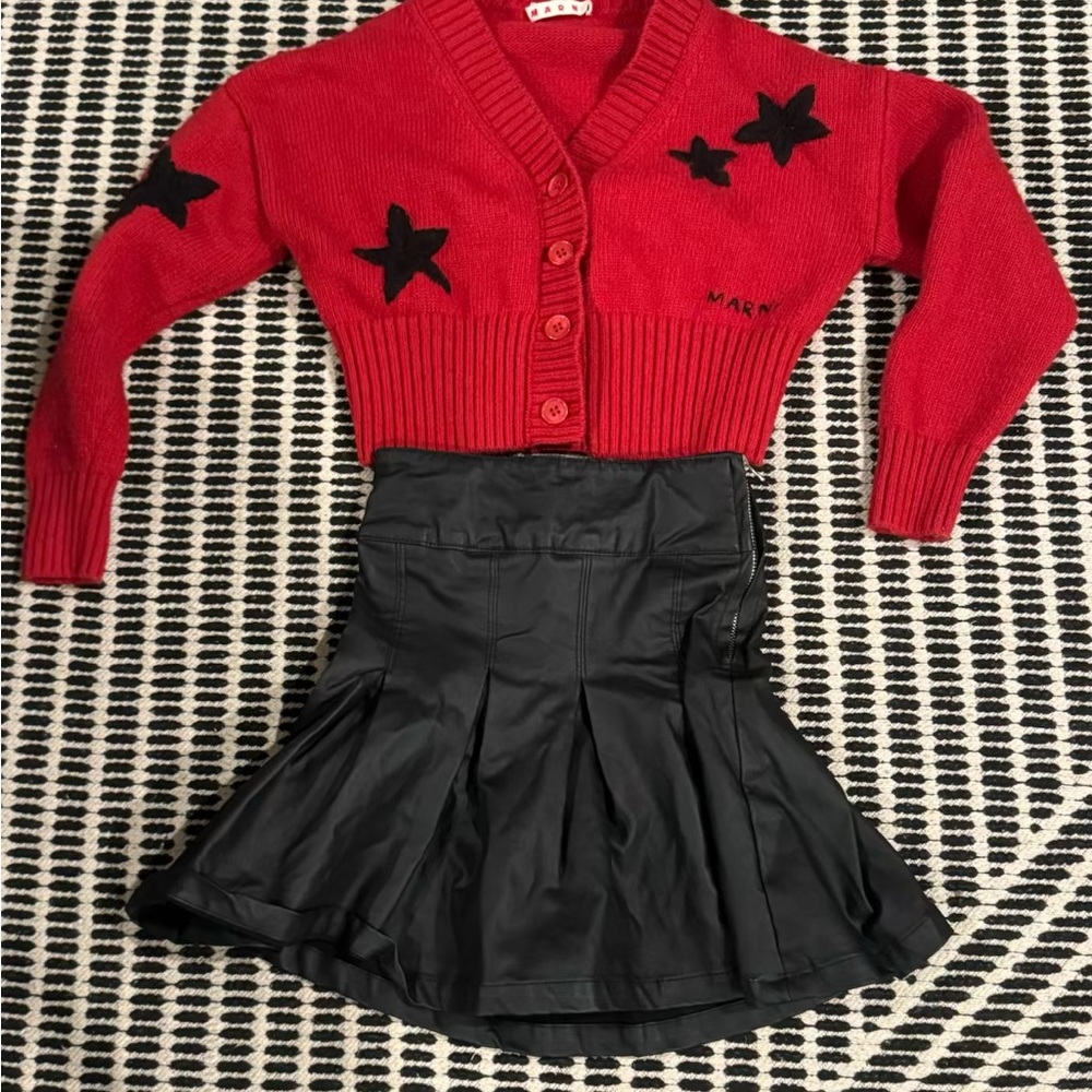 Girls Marni Red Star Cardigan and Girls Zara Black Pleated Skirt Set
